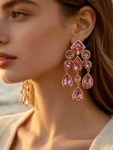 ZR Rhinestone Teardrop Pendant Earrings, Gold Exaggerated Party Jewelry - Geometric Colorful Rhinestone Earrings - View 10