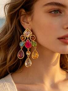 ZR Rhinestone Teardrop Pendant Earrings, Gold Exaggerated Party Jewelry - Geometric Colorful Rhinestone Earrings - View 6
