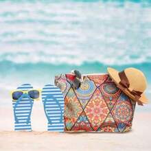Fashion Geometric Pattern Bohemian Style Travel Beach Bag, Large Capacity Zipper Tote Bag, Outdoor Shopping Camping Handbag, Foldable Shoulder Bag - Perfect For Beach, Travel And Daily Use - Multicolor - View 8