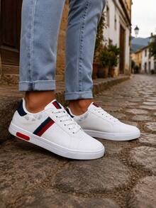Sapatênis masculino Tênis branco e preto Sapato casual Leve Confortável Lançamento - branco-vermelho - Visão 2