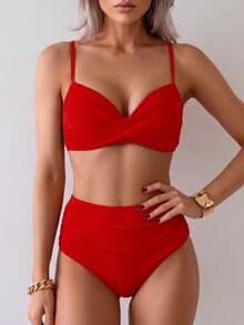 Summer Solid Color Elegant Bohemian Double Strap Sweet Style Two Pieces Bikini Swimwear Beach Vacation Set Red - Red - View 5