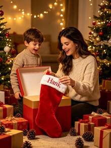 Calcetines navideños bordados personalizados, calcetines navideños con bordado de nombre personalizable! Tela de felpa roja clásica combinada con ribete de piel sintética blanca suave, admite bordado de nombre exclusivo, creando una decoración navideña única. Cuélgalos en las escaleras o en la chimenea para crear un ambiente acogedor, el Body espacioso del calcetín se puede llenar con caramelos y pequeños regalos. Decoración navideña esencial para familias, perfecta para combinar en fotos familiares, la mejor opción para regalos de Navidad. - Multicolor - Ver 10