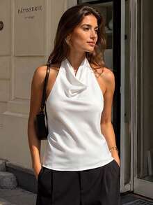 Women's Summer Cowl High Neck Top, Spring Vacation , Outing Top, Satin Backless Cute Street Style Women's Top - White - View 2