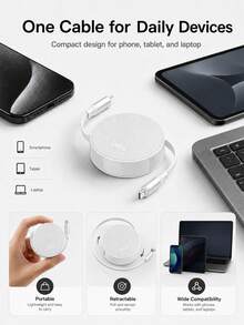 240W USB C 轉 USB C 可伸縮快充線，雙面拉動便攜捲線器，480Mbps 數據傳輸，鋁合金外殼，兼容筆記本電腦、平板電腦與智慧型手機 - 銀色 - 查看 4