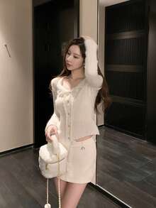 French Vintage Style Polo Collar Ruffle Trim Knit Cardigan Sweater For Women, Autumn/Winter Elegant Small Lapel - Apricot - View 1