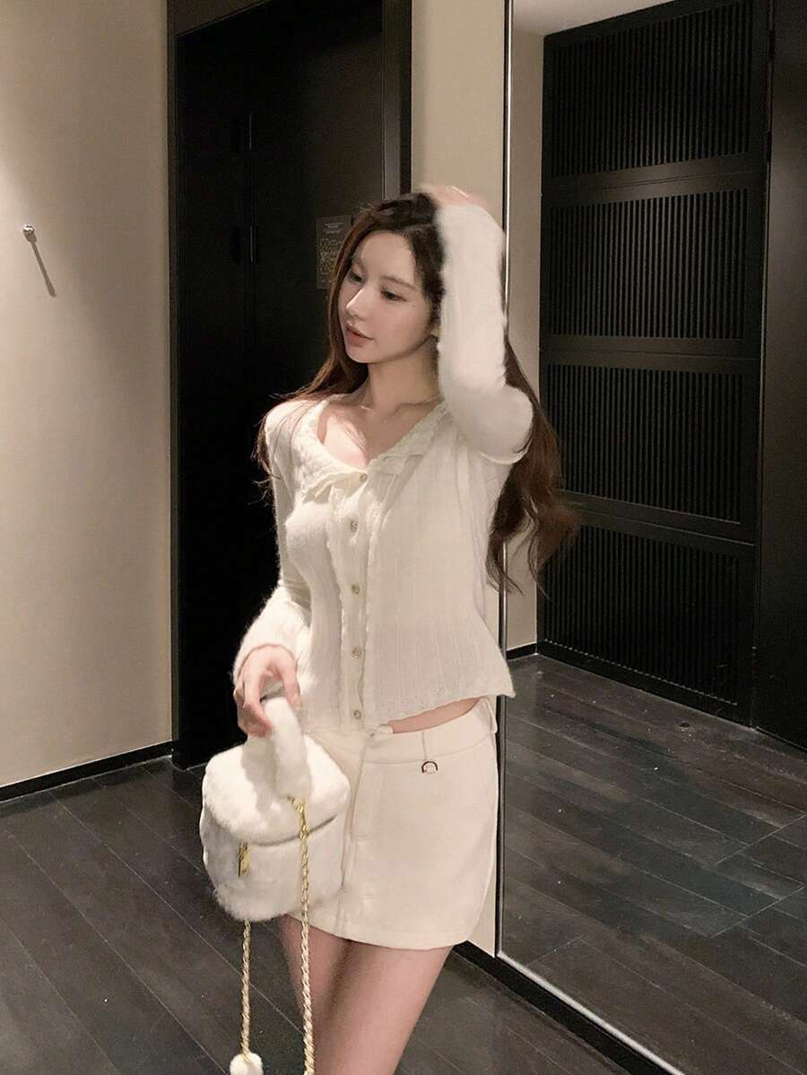 French Vintage Style Polo Collar Ruffle Trim Knit Cardigan Sweater For Women, Autumn/Winter Elegant Small Lapel - Apricot - View 1