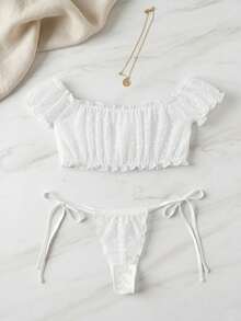2pcs Lace Sheer Sexy Short Panty Set, Lingerie - White - View 3