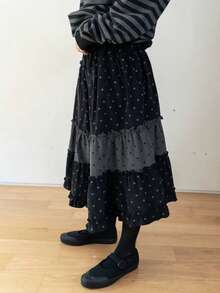 Rok Kasual Harian Wanita Motif Polkadot Patchwork - Hitam - View 3