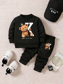 Baby Boys Cartoon Print Crew Neck Sweatshirt And Sweatpants Casual Set - Black - View 1