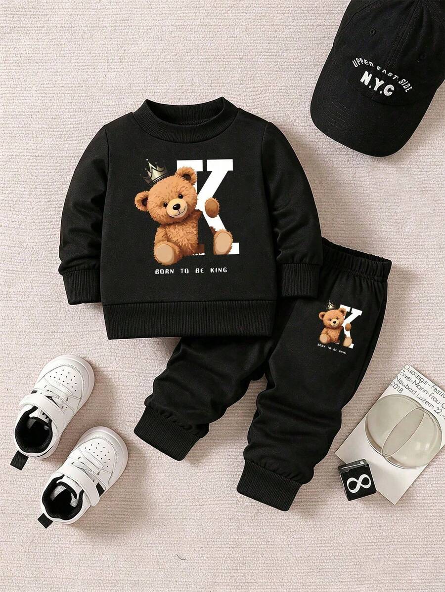 Baby Boys Cartoon Print Crew Neck Sweatshirt And Sweatpants Casual Set - Black - View 1