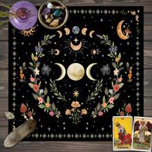 1pc Triple Moon Phase Tarot Cloth, Boho Witch Altar Cloth, Floral Mushroom Print Divination Tablecloth, Multi‑Purpose Tapestry For Table Cover Home Wall Decor - Multicolor - View 1