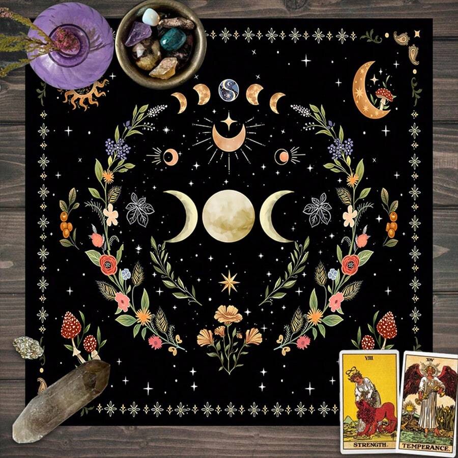 1pc Triple Moon Phase Tarot Cloth, Boho Witch Altar Cloth, Floral Mushroom Print Divination Tablecloth, Multi‑Purpose Tapestry For Table Cover Home Wall Decor - Multicolor - View 1