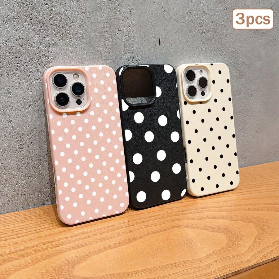 3pcs Black Polka Dot UV Printed Pattern Design Leather Texture Phone Case - Multicolor - View 1