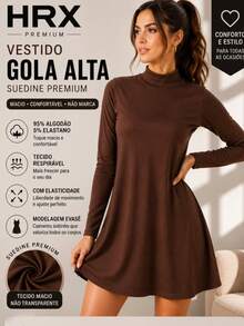 Premium Suedine Short Dress With High Ribbed Neck And Long Sleeves, Simple Fitted A-Line Style, Solid Color, Elegant, Autumn/Winter Fashion. - Rust Brown - View 2