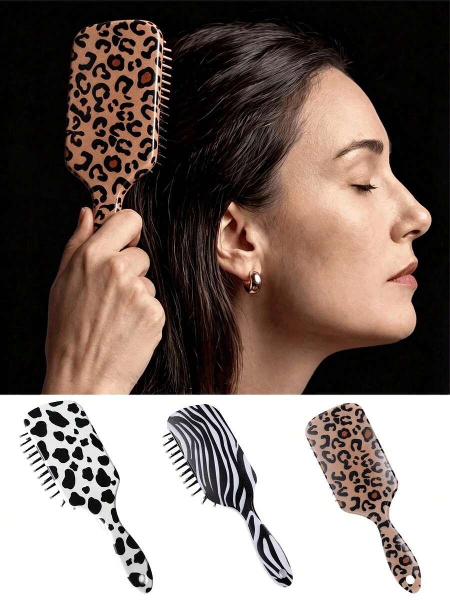 1pc Cute Cow Print Portable Mini Folding Air Cushion Massage Comb, Leopard Print Comb Set, Handle Style Comb, Zebra Print Air Cushion Comb - Multicolor - View 1