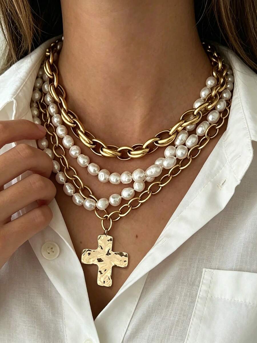 4 pièces/1 pièce Collier multi-couches croix & perles style bohème minimaliste élégant vintage pour femmes, convient pour le port quotidien, les fêtes, les rendez-vous, les mariages et les cadeaux - Doré - Voir 1