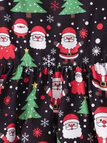 Girls Christmas Holiday 2 Pieces Dress Set, Red Ribbed Knit Ruffle Sleeve Long Sleeve Cropped Cardigan + Santa Claus Christmas Tree Snowflake All-Over Print Full Skirt A-Line Spaghetti Strap Princess Dress - Red - View 10
