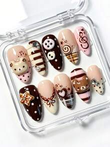 10pcs Y2K-Style Press-On Nails Featuring 3D Bear, Button, Plaid, And Musical Note Accents; Medium Almond Shape; Suitable For Daily Wear Or Autumn/Winter Dates. - Multicolor - View 2