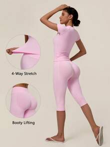 TimeOff Conjunto deportivo de mujer de un solo color sin costuras con cuello redondo, manga corta, cintura acanalada y pantalones de largo medio - Rosa - Ver 3