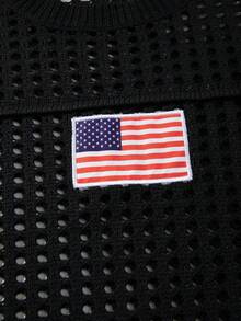 ANDREILEE Men's Knitted Top, Neutral Casual Street Style, American Flag Hollow Out Semi-Sheer Short Sleeve Loose Crew Neck Pullover T-Shirt, Spring/Summer - Black - View 9