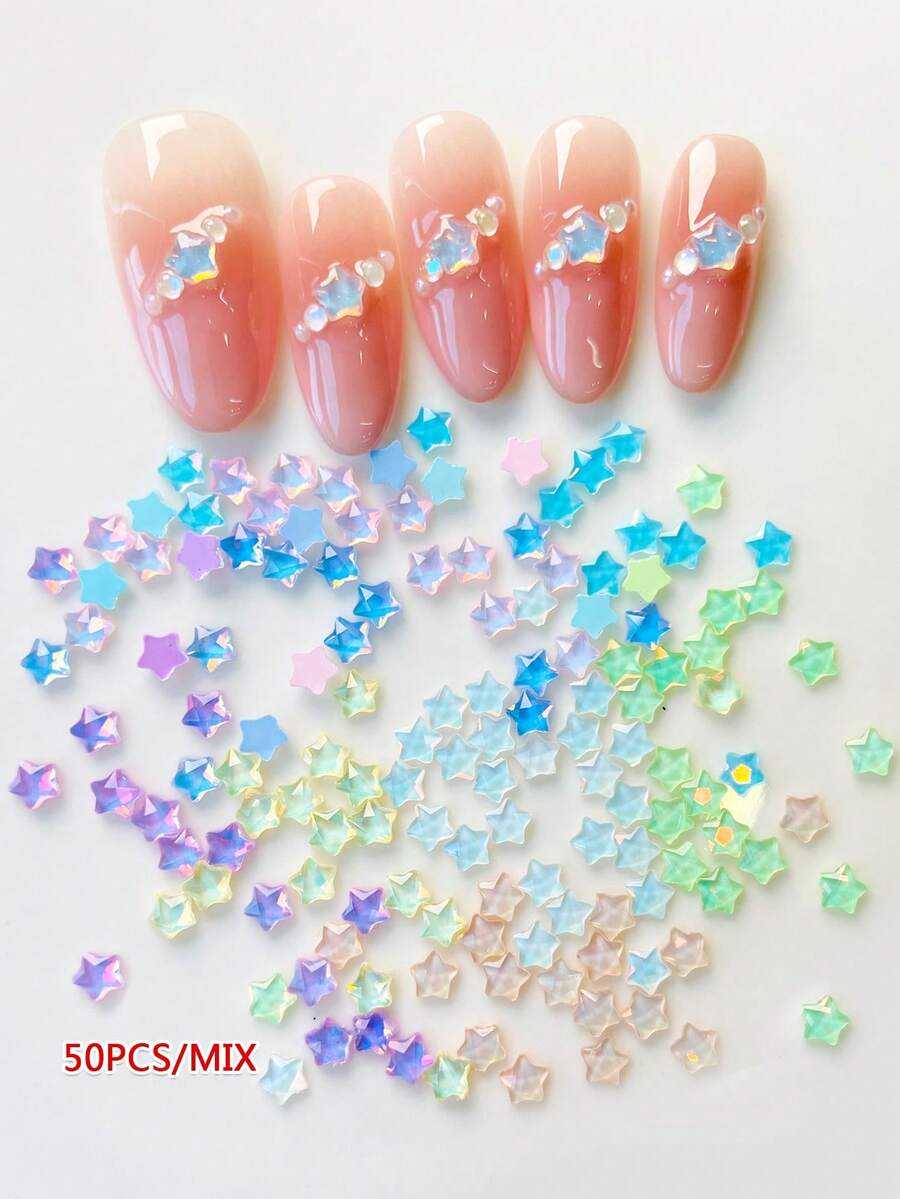 50pcs Crystal Clear Small Stars Random Color Mixed Shiny Star Nail Art Decorations Suitable For Nail DIY Nail Accessories - Multicolor - View 1