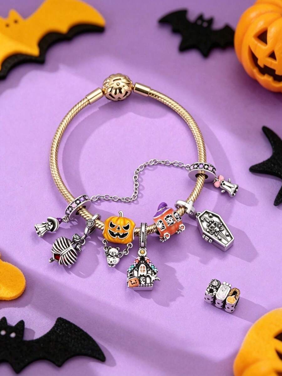 1pc Silver-Plated Halloween Theme DIY Beaded Accessory, Pumpkin, Haunted House, Coffin, Skull, Ghost Multiple Pendant Styles, Vintage Distressed Enamel Craft, Compatible With Snake Chain Bracelet And Necklace Assembly, Holiday Atmosphere Handmade Accessory Parts - Multicolor - View 1