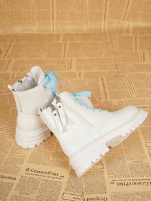 1 Pair New Autumn/Winter Fashion Ankle Boots, Round Toe Colorful Lace-Up Women's Motorcycle Boots For Outdoor Activities, Street Style Versatile Boots, White Women's Ankle Boots That Can Be Paired With Various Outfits - White - View 2