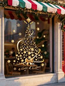1pc Merry Christmas Oversized Gold & Silver Christmas Tree Pattern Window Cling Sticker, Reusable Glitter PVC Decal For Holiday Display, Suitable For Glass, Walls And Doors, Waterproof PVC, Cartoon Theme Glass Door Decor With Static Cling - Multi-color - View 3