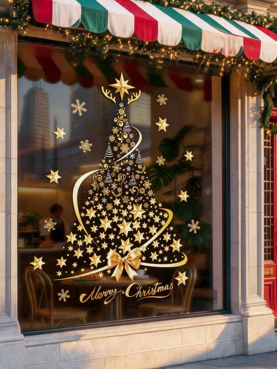1pc Merry Christmas Oversized Gold & Silver Christmas Tree Pattern Window Cling Sticker, Reusable Glitter PVC Decal For Holiday Display, Suitable For Glass, Walls And Doors, Waterproof PVC, Cartoon Theme Glass Door Decor With Static Cling - Multi-color - View 1