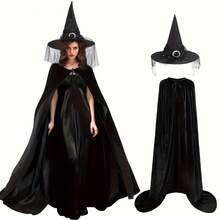 Adult Witch Black Long Plush Cosplay Cloak And Hat Halloween Costume Set, Vintage Medieval Witch Robe With Hooded Collar, Machine Washable Long Formal Cape, Suitable For Stage Performance, Role Play Party, Theme Event, Halloween Vampire Witch Cosplay, Party Photo Atmosphere, Stage Performance Party Decoration - Multicolor - View 6
