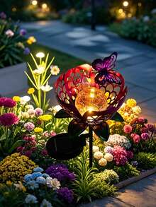 1pc Purple Hollow Flower Solar Ground Light, Butterfly Decor Cracked Glass Solar Garden Light, Waterproof Warm White LED Landscape Light, Suitable For Lawn, Pathway, Backyard, Patio, Villa, Wedding Outdoor Decoration - Multicolor - View 4