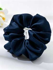 1pc Women's Simple Fashion Large Satin Scrunchie Solid Color Elegant Hair Accessory - Navy Blue - View 3
