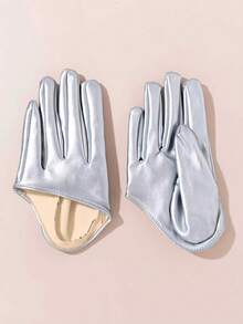 1 Pair Women's Half-Finger Leather Performance Gloves, Stage Performance Decorative Split-Finger Gloves - Black - View 2