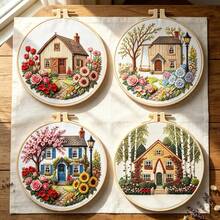 4 Styles Pastoral Cottage Floral Embroidery Full Material Kit With Round Embroidery Hoop, Countryside Landscape House And Flower 3D Embroidery, Beginner DIY Handmade Gift, Home Wall Decor Hanging Painting - Multicolor - View 9