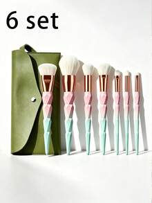 Soft Aesthetic Style Synthetic Bristle Plastic Handle Diamond Cut Faceted Design Pink Green Gradient Rose Gold Metal Band 7pcs Makeup Brush Set With PU Storage Bag Suitable For Foundation Blush Eyeshadow Blending Birthday Gift Travel Vanity All Season Use - Multicolor - View 12