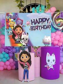 MASSDI Gabby Dollhouse 生日快樂 Gabby Cat 主題攝影背景布，多色卡通角色圖案派對背景布，防皺輕量橫幅，適合生日拍照、室內慶祝場景裝飾 - 多款 - 查看 5