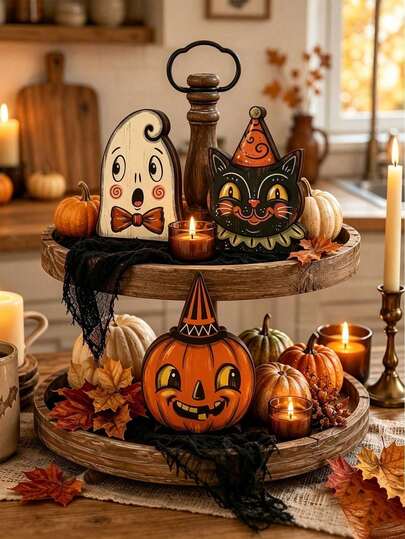 1Pc Vintage Cartoon Multicolor Halloween Wooden Tabletop Figurine, Solid Wood Freestanding Decor Sign, Home Decor Living Room Ornament, Living Room Decorative Items For Mantel, Party Table, Creative Gifts For Men, Scene Layout Supplies For Halloween