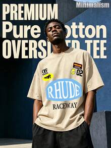 Rhude "Cream Squared" Printed T-Shirt, Minimalist Vintage Hip-Hop Style, Perfect For Casual Wear, Outdoor Leisure, Gatherings, And Dining Out. - 杏色4 - 查看 1