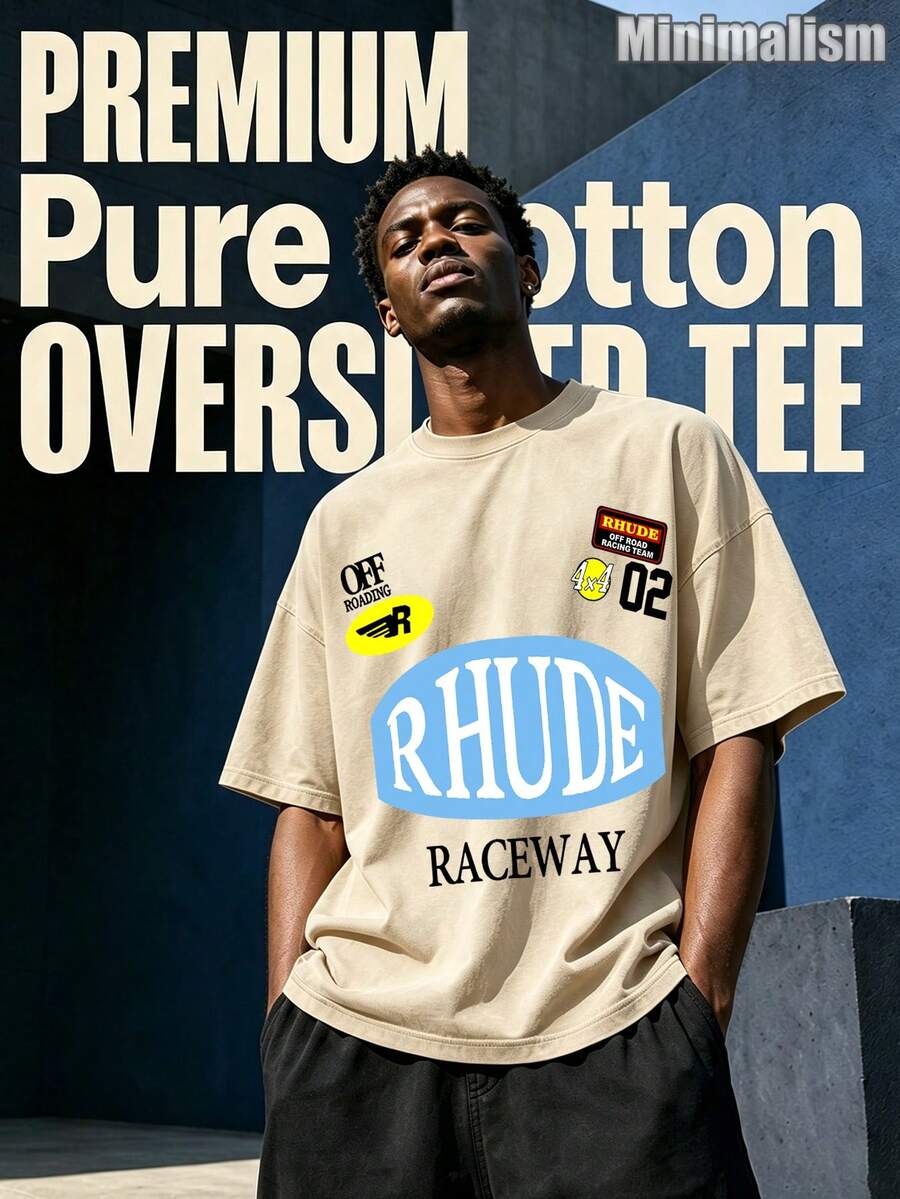 Rhude "Cream Squared" Printed T-Shirt, Minimalist Vintage Hip-Hop Style, Perfect For Casual Wear, Outdoor Leisure, Gatherings, And Dining Out. - 杏色4 - 查看 1