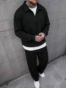 Men's 2-Piece Set: Collared Half-Zip Drop Shoulder Long Sleeve Sweatshirt & Drawstring Long Sweatpants, Casual Commute Fashion - Black - View 4