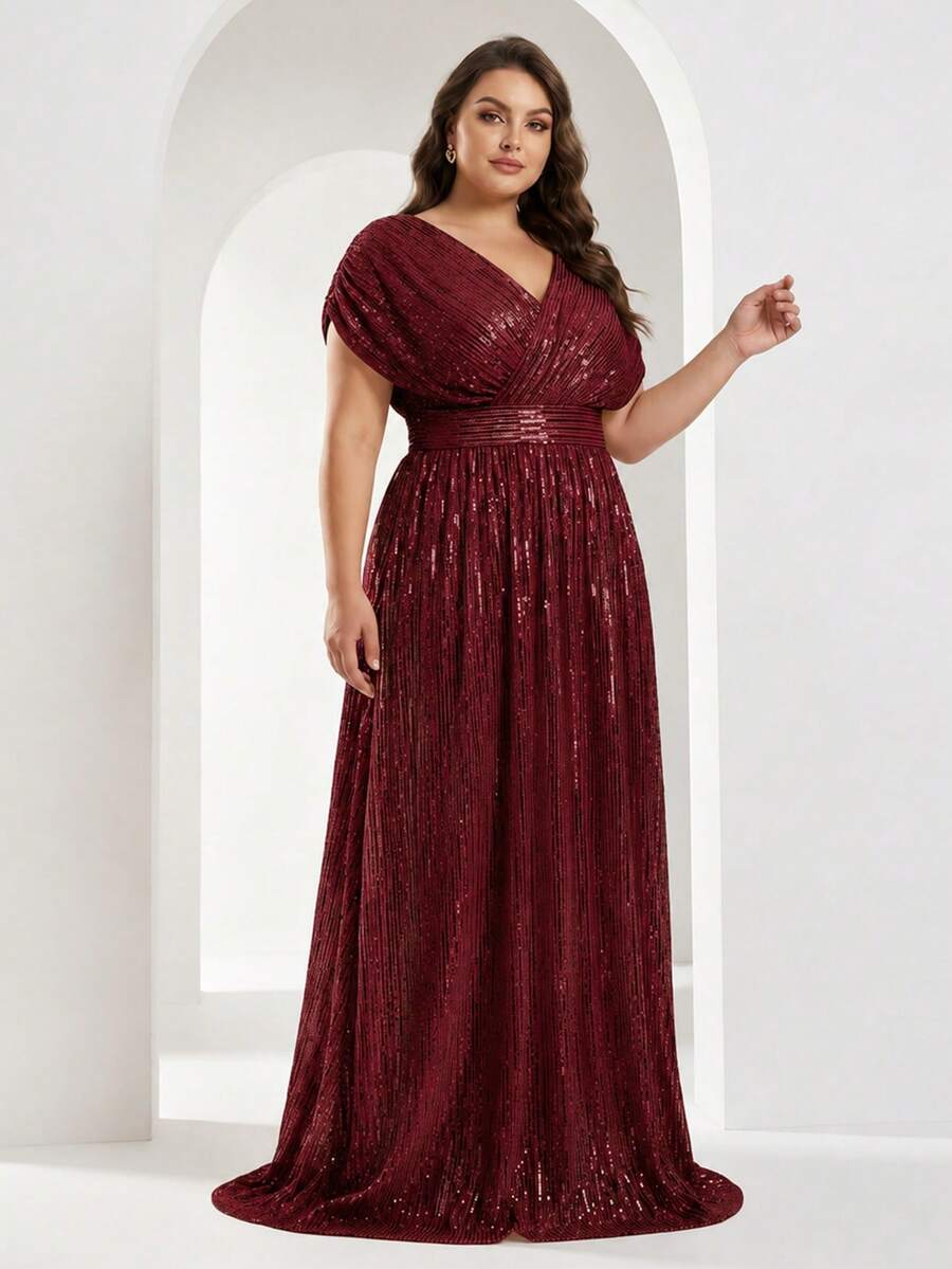 YISIKADO Women's Plus Size Sequin V-Neck Cape Sleeve Party Evening Dress - Burgundy - View 1