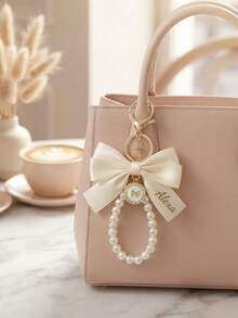 1pc Customized Name Pearl Bow Keychain, Bridesmaid Gift Accessory, Silk Ribbon Bow Bag Charm, Elegant Engraved Key Ring, Wedding Party Favor, Bridal Shower Gift - Multicolor - View 7