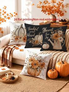 4pcs, 2D Flat Print Thanksgiving Country Rustic Throw Pillow Covers, Non-Real Embroidery Pumpkin Floral Cushion Covers,Fall Home Decorative Pillowcases,No Pillow Inserts - Black - View 6