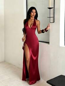 1pc Solid Color Elegant Knit Fabric Slit Dress For Beach, Wedding, Vacation, Summer - Burgundy - View 1