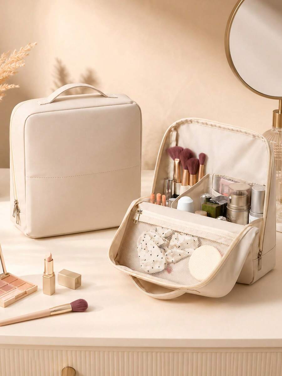 Portable Travel Makeup Bag, Makeup Storage Bag, Makeup Bag With Brush Slots, Zipper Closure, Toiletry Bag, Storage Bag, Storage Bag, Suitable For Travel Makeup Storage Bag
