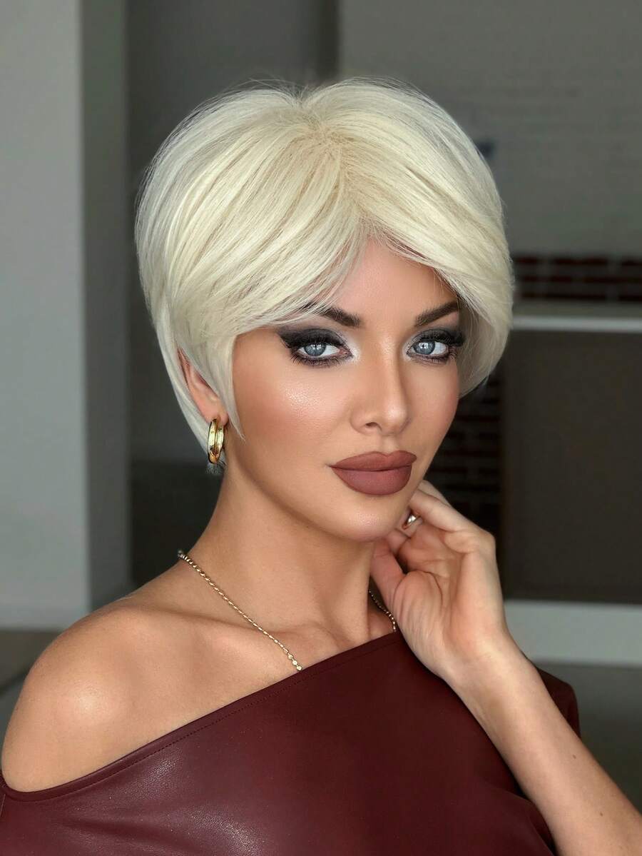 NAMM Short Bob Platinum Blonde Wigs For Women Layered Pixie Cut Wig With Curtain Bangs Natural Looking Synthetic Heat-Resistant Wigs For Daily Party Use 10 Inch ( Dark Brown )