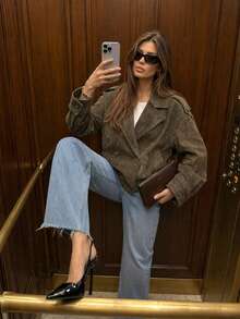 Women's Autumn Elegant Casual Olive Green Button-Up Cardigan Long Sleeve Short Jacket, Suitable For Vacation, Office, Outings - Army Green - View 2