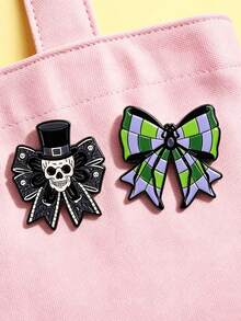 2pcs/Set Dark Gothic Skull Bow Brooch, Fashionable Decorative Pin For Women's Bags And Clothing, Ideal Halloween Gift - Multi-color B - View 4