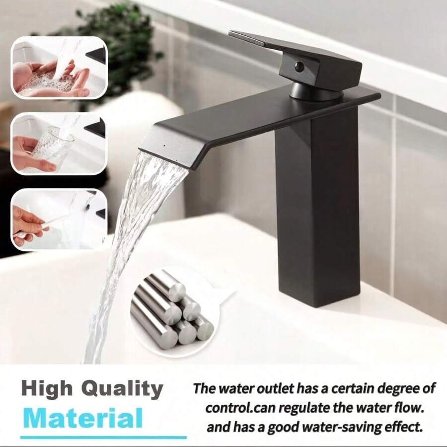 Home Waterfall Faucet – Modern Square Design, Hot And Cold Control, Easy Single-Hole Installation - 6432-black (Short) - View 1
