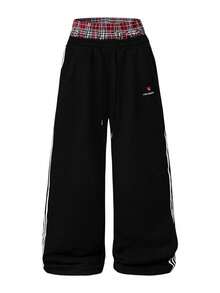 YUNCHIC Los Angeles Embroidered Side Stripe Sweatpants, Plaid Elastic Double Waistband Drawstring Casual Street Joggers - Black - View 5